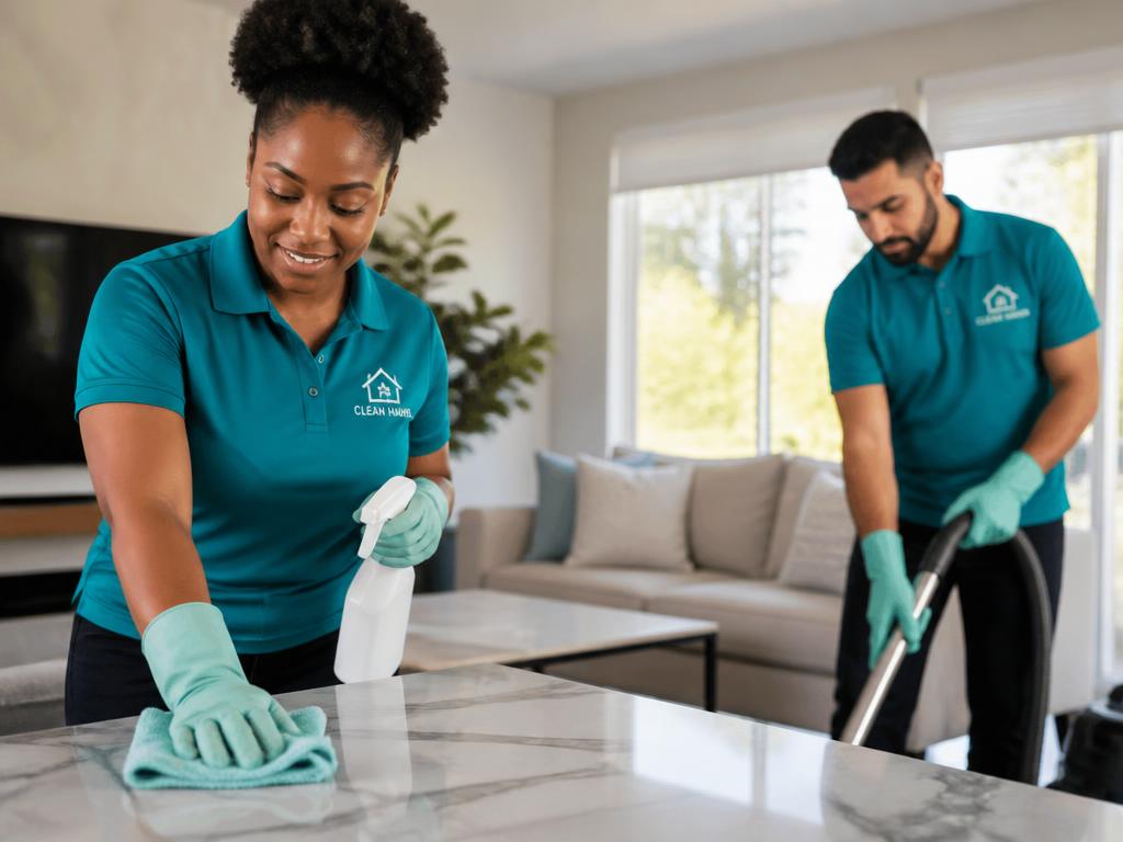 Two-person residential cleaning team working in a bright living room