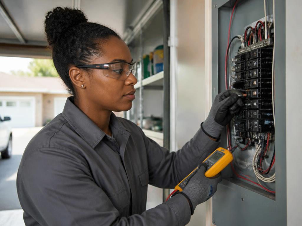 Electrician testing a residential breaker panel with a multimeter