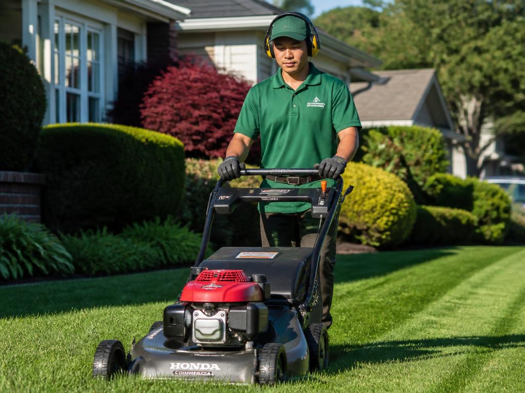 Landscaper mowing a residential front lawn with a commercial mower