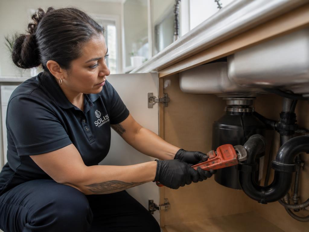 Plumber using a pipe wrench on the drain line under a kitchen sink