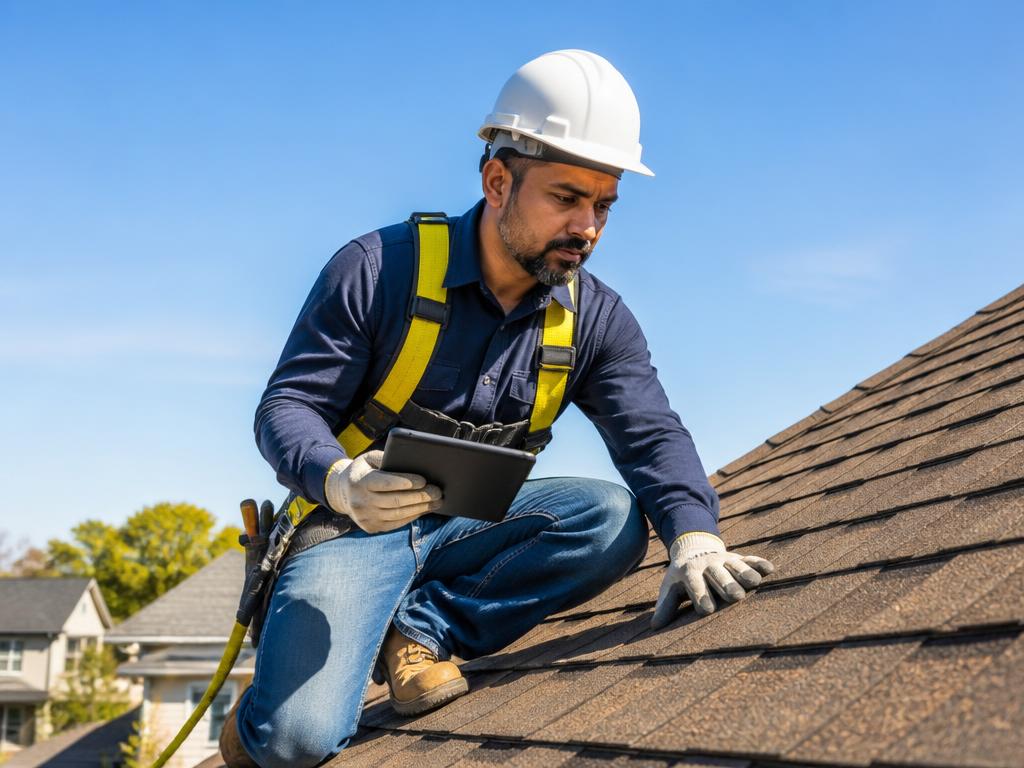 Roofer in a hard hat and harness inspecting shingles on a suburban roof